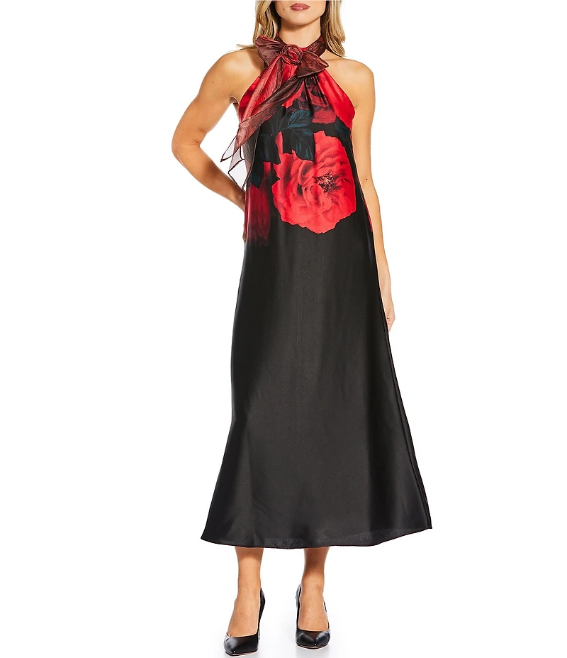 KARL LAGERFELD PARIS Satin Faced Crepe Rosette Halter Neck Bow Sleeveless Midi Dress