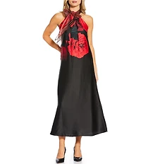 KARL LAGERFELD PARIS Satin Faced Crepe Rosette Halter Neck Bow Sleeveless Midi Dress