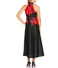 KARL LAGERFELD PARIS Satin Faced Crepe Rosette Halter Neck Bow Sleeveless Midi Dress