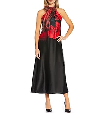 KARL LAGERFELD PARIS Satin Faced Crepe Rosette Halter Neck Bow Sleeveless Midi Dress