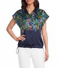 KARL LAGERFELD PARIS Satin Floral Print Point Collar Short Sleeve Top