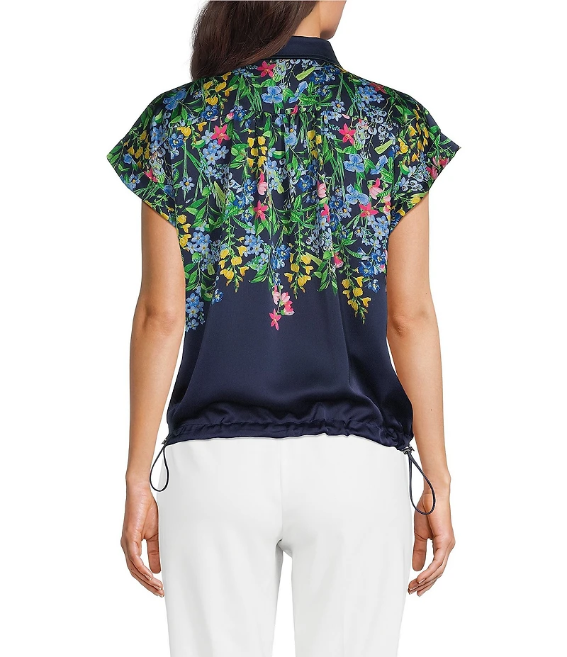 KARL LAGERFELD PARIS Satin Floral Print Point Collar Short Sleeve Top