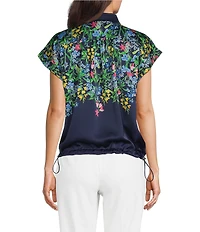 KARL LAGERFELD PARIS Satin Floral Print Point Collar Short Sleeve Top