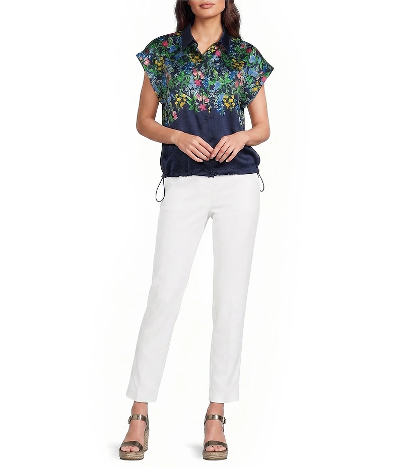 KARL LAGERFELD PARIS Satin Floral Print Point Collar Short Sleeve Top