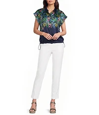 KARL LAGERFELD PARIS Satin Floral Print Point Collar Short Sleeve Top