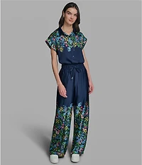 KARL LAGERFELD PARIS Satin Floral Print Point Collar Short Sleeve Top