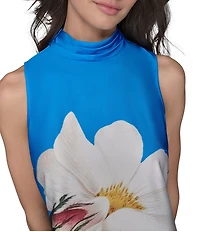 KARL LAGERFELD PARIS Satin Placement Floral Print Mock Neck Sleeveless Shift Midi Dress