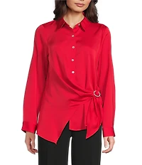 KARL LAGERFELD PARIS Satin Point Collar Long Sleeve Surplice Ring Blouse