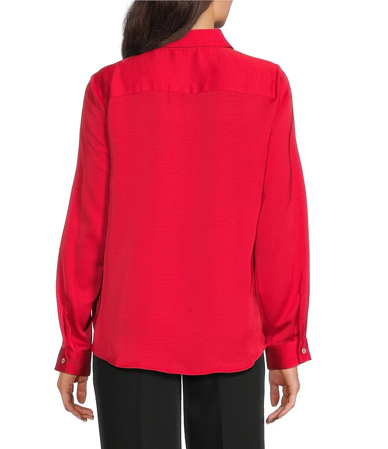 KARL LAGERFELD PARIS Satin Point Collar Long Sleeve Surplice Ring Blouse