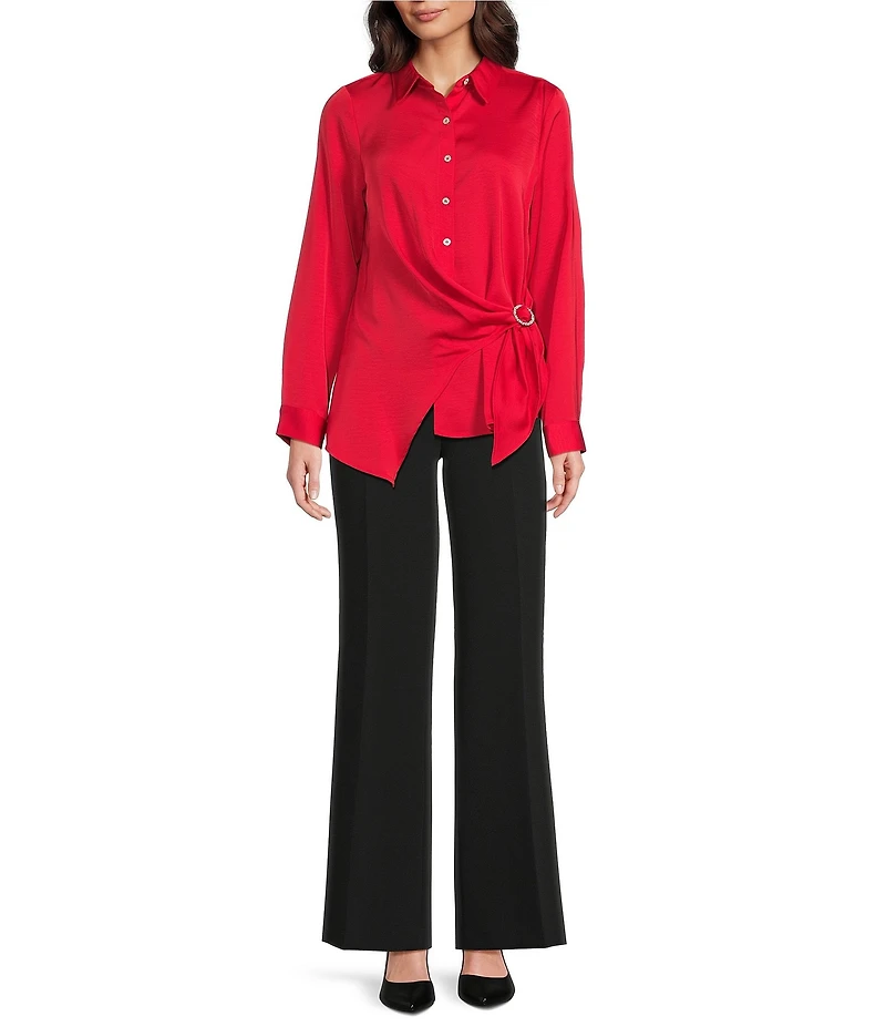 KARL LAGERFELD PARIS Satin Point Collar Long Sleeve Surplice Ring Blouse