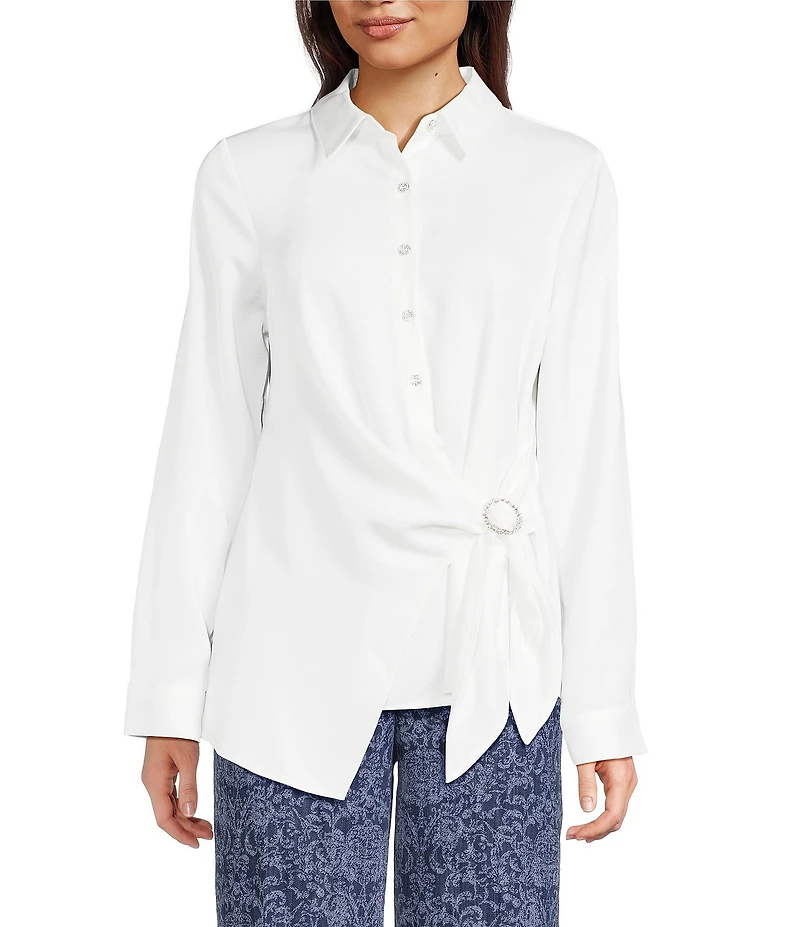 KARL LAGERFELD PARIS Satin Point Collar Long Sleeve Surplice Ring Blouse