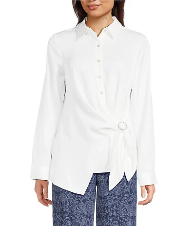 KARL LAGERFELD PARIS Satin Point Collar Long Sleeve Surplice Ring Blouse