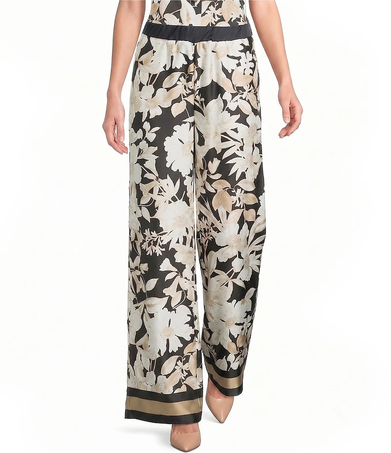 KARL LAGERFELD PARIS Satin Print Flat Front Wide Leg Pull On Coordinating Pants