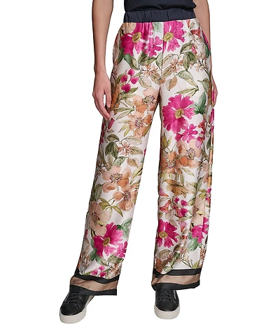 KARL LAGERFELD PARIS Satin Print Flat Front Wide Leg Pull On Pants