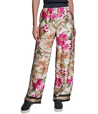 KARL LAGERFELD PARIS Satin Print Flat Front Wide Leg Pull On Pants