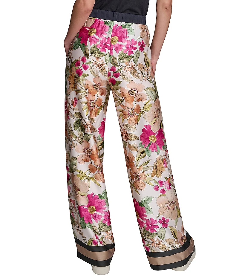 KARL LAGERFELD PARIS Satin Print Flat Front Wide Leg Pull On Pants