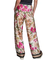 KARL LAGERFELD PARIS Satin Print Flat Front Wide Leg Pull On Pants