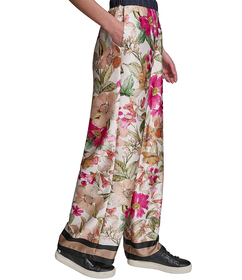 KARL LAGERFELD PARIS Satin Print Flat Front Wide Leg Pull On Pants