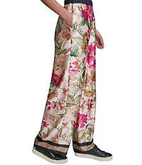 KARL LAGERFELD PARIS Satin Print Flat Front Wide Leg Pull On Pants