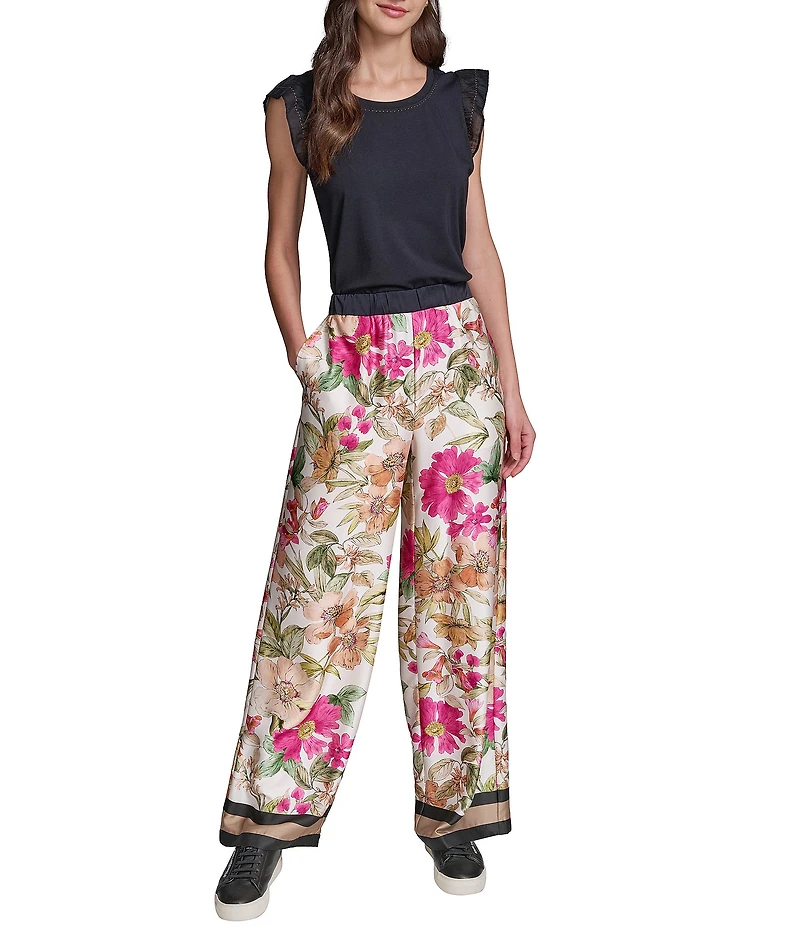 KARL LAGERFELD PARIS Satin Print Flat Front Wide Leg Pull On Pants