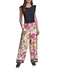 KARL LAGERFELD PARIS Satin Print Flat Front Wide Leg Pull On Pants