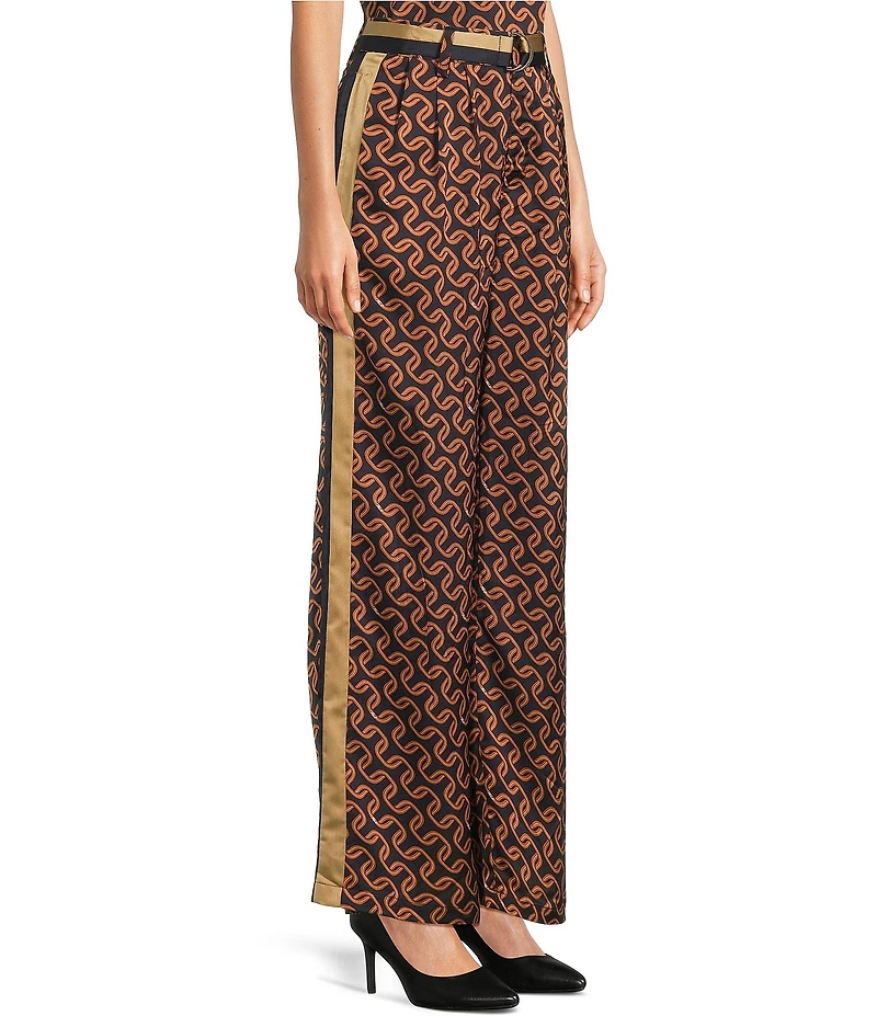 KARL LAGERFELD PARIS Satin Print Wide Leg Full Length Coordinating Belted Pants