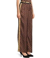 KARL LAGERFELD PARIS Satin Print Wide Leg Full Length Coordinating Belted Pants