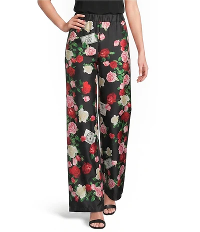 KARL LAGERFELD PARIS Coordinating Satin Print Floral Wide Leg Full Length Pants