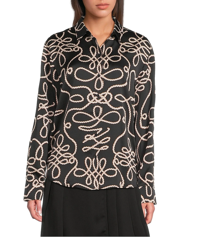 KARL LAGERFELD PARIS Satin Printed Point Collar Long Sleeve Button Front Shirt