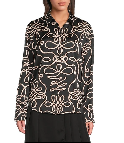 KARL LAGERFELD PARIS Satin Printed Point Collar Long Sleeve Button Front Shirt