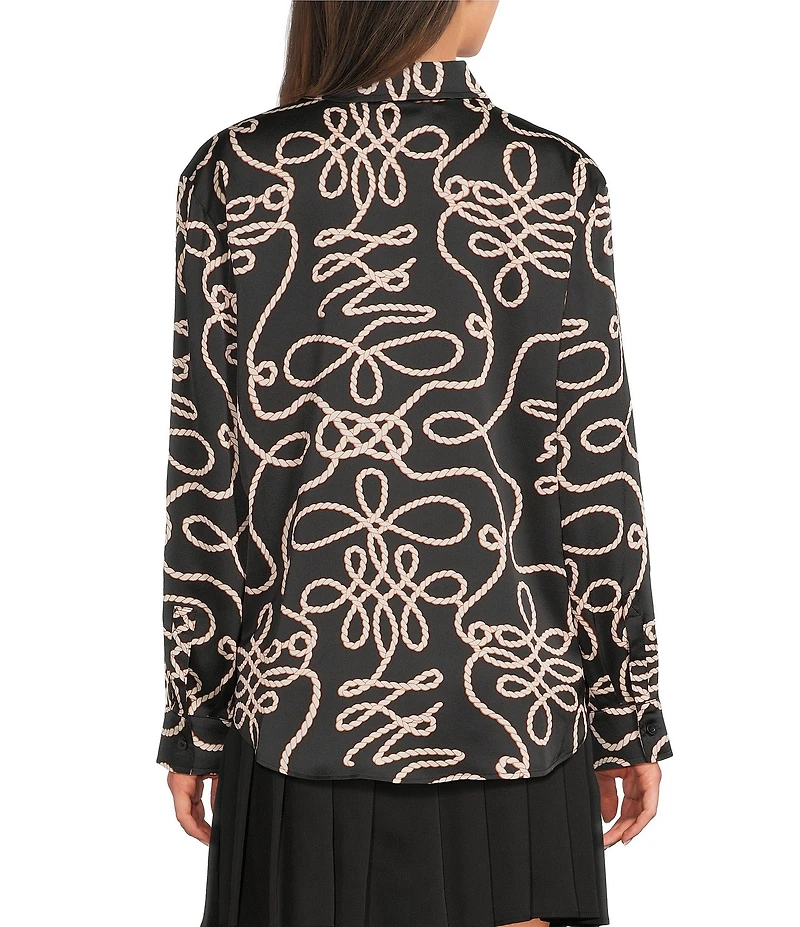 KARL LAGERFELD PARIS Satin Printed Point Collar Long Sleeve Button Front Shirt