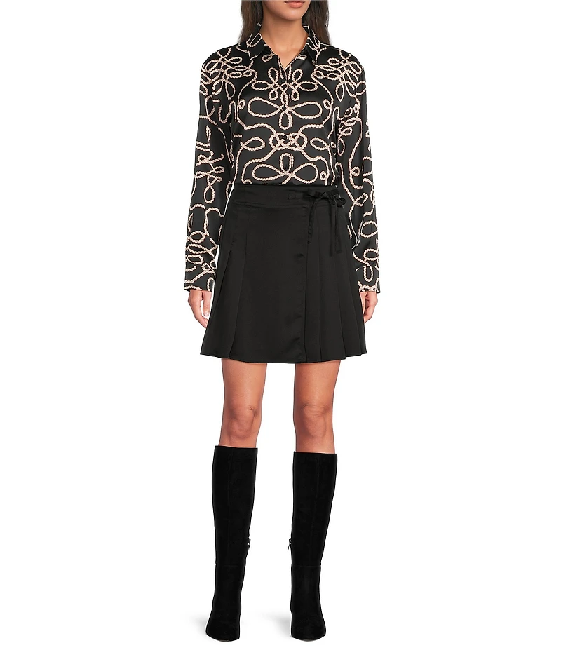 KARL LAGERFELD PARIS Satin Printed Point Collar Long Sleeve Button Front Shirt