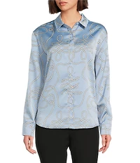 KARL LAGERFELD PARIS Satin Printed Point Collar Long Sleeve Button Front Shirt