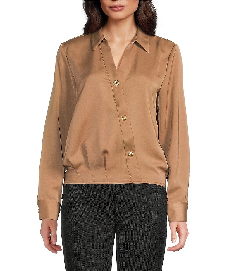 KARL LAGERFELD PARIS Satin Spread Collar Long Sleeve Button Front Blouse