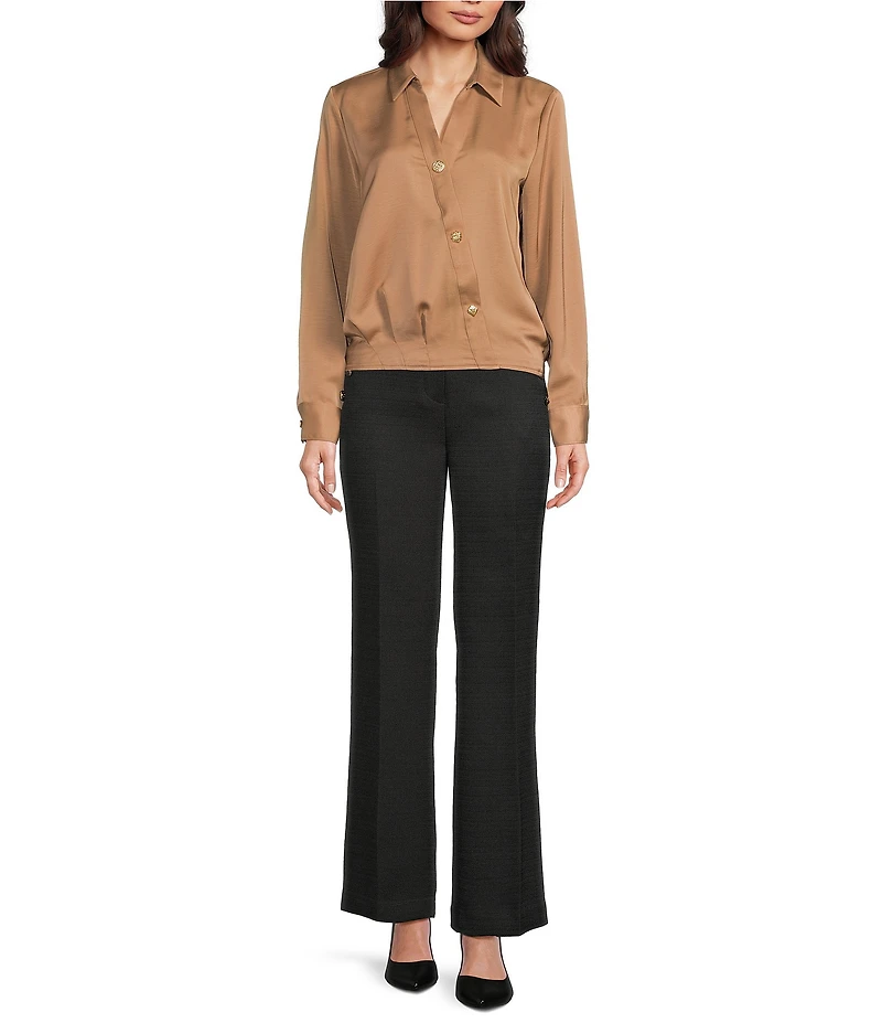 KARL LAGERFELD PARIS Satin Spread Collar Long Sleeve Button Front Blouse