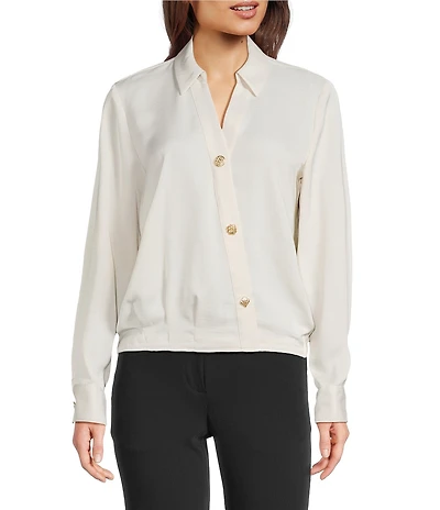 KARL LAGERFELD PARIS Satin Spread Collar Long Sleeve Button Front Blouse