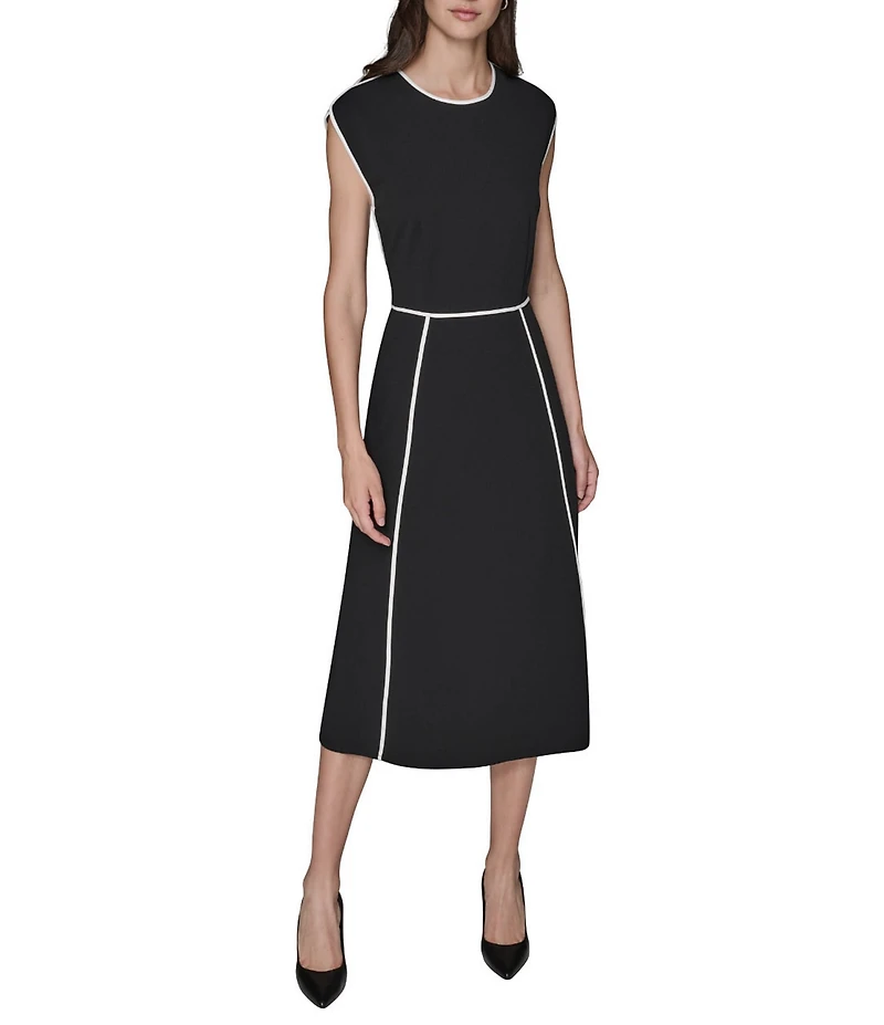 KARL LAGERFELD PARIS Scuba Crepe Cap Sleeve Contrast Piping Midi Dress