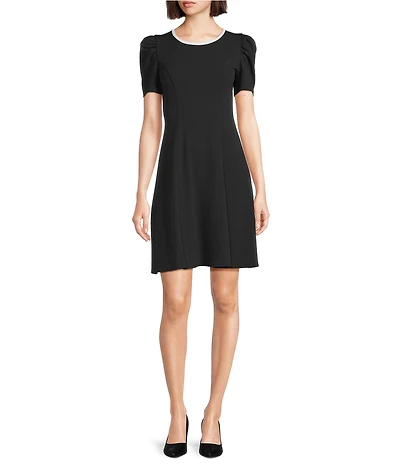 KARL LAGERFELD PARIS Scuba Crepe Contrast Trim Short Puff Sleeve A-Line Dress