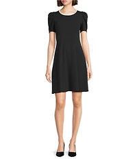 KARL LAGERFELD PARIS Scuba Crepe Contrast Trim Short Puff Sleeve A-Line Dress