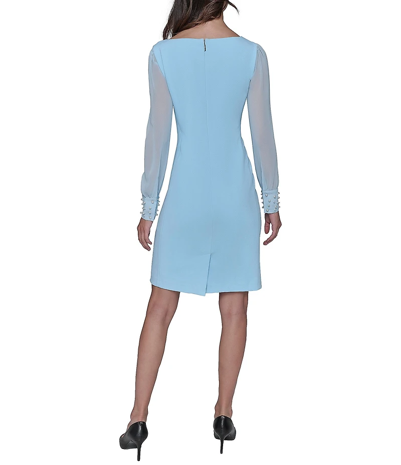 KARL LAGERFELD PARIS Scuba Crepe Crew Neck Chiffon Long Sleeve Pearl Cuff Sheath Mini Dress