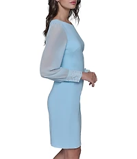 KARL LAGERFELD PARIS Scuba Crepe Crew Neck Chiffon Long Sleeve Pearl Cuff Sheath Mini Dress