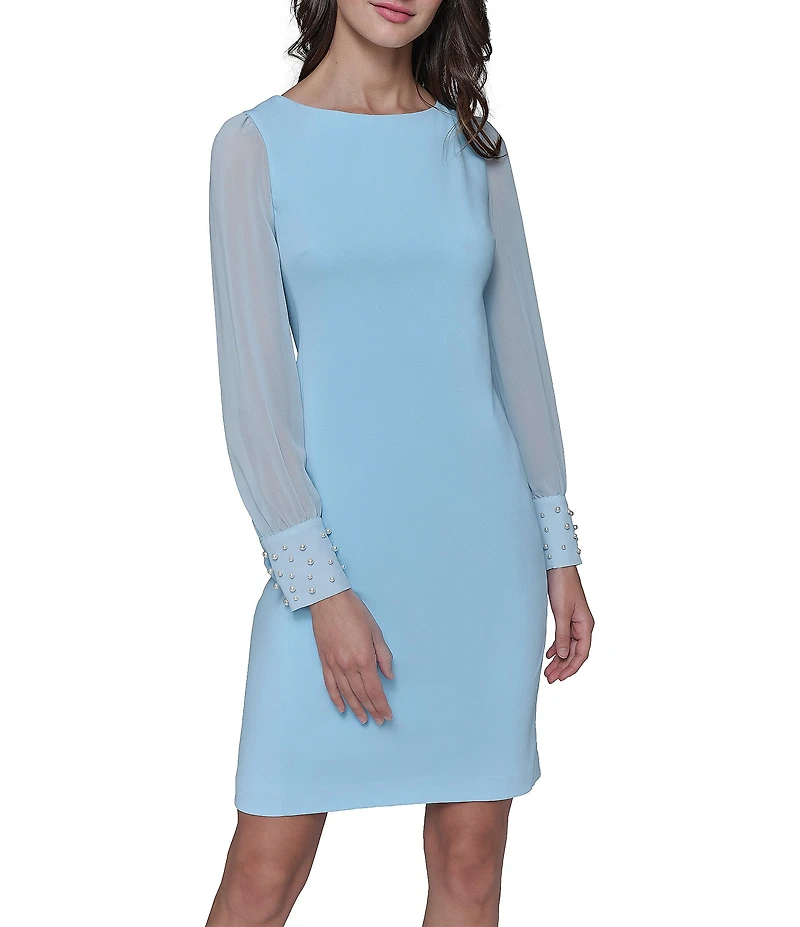 KARL LAGERFELD PARIS Scuba Crepe Crew Neck Chiffon Long Sleeve Pearl Cuff Sheath Mini Dress