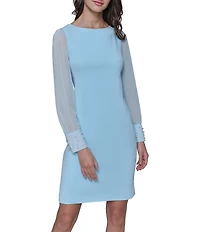 KARL LAGERFELD PARIS Scuba Crepe Crew Neck Chiffon Long Sleeve Pearl Cuff Sheath Mini Dress