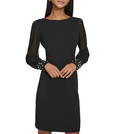KARL LAGERFELD PARIS Scuba Crepe Crew Neck Chiffon Long Sleeve Pearl Cuff Sheath Mini Dress