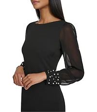 KARL LAGERFELD PARIS Scuba Crepe Crew Neck Chiffon Long Sleeve Pearl Cuff Sheath Mini Dress