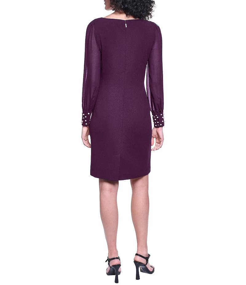 KARL LAGERFELD PARIS Scuba Crepe Crew Neck Chiffon Long Sleeve Pearl Cuff Sheath Dress