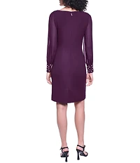 KARL LAGERFELD PARIS Scuba Crepe Crew Neck Chiffon Long Sleeve Pearl Cuff Sheath Dress