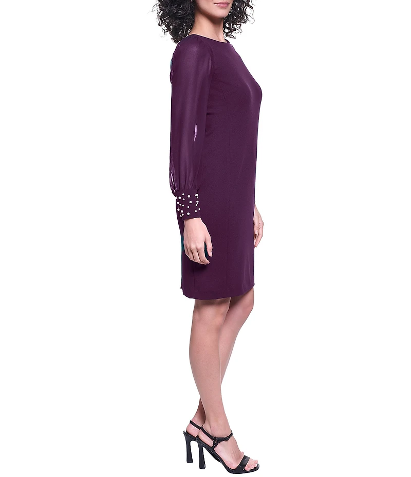 KARL LAGERFELD PARIS Scuba Crepe Crew Neck Chiffon Long Sleeve Pearl Cuff Sheath Dress
