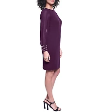 KARL LAGERFELD PARIS Scuba Crepe Crew Neck Chiffon Long Sleeve Pearl Cuff Sheath Dress