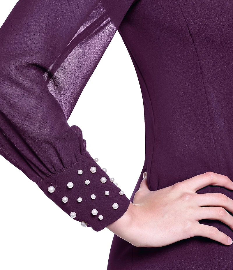 KARL LAGERFELD PARIS Scuba Crepe Crew Neck Chiffon Long Sleeve Pearl Cuff Sheath Dress